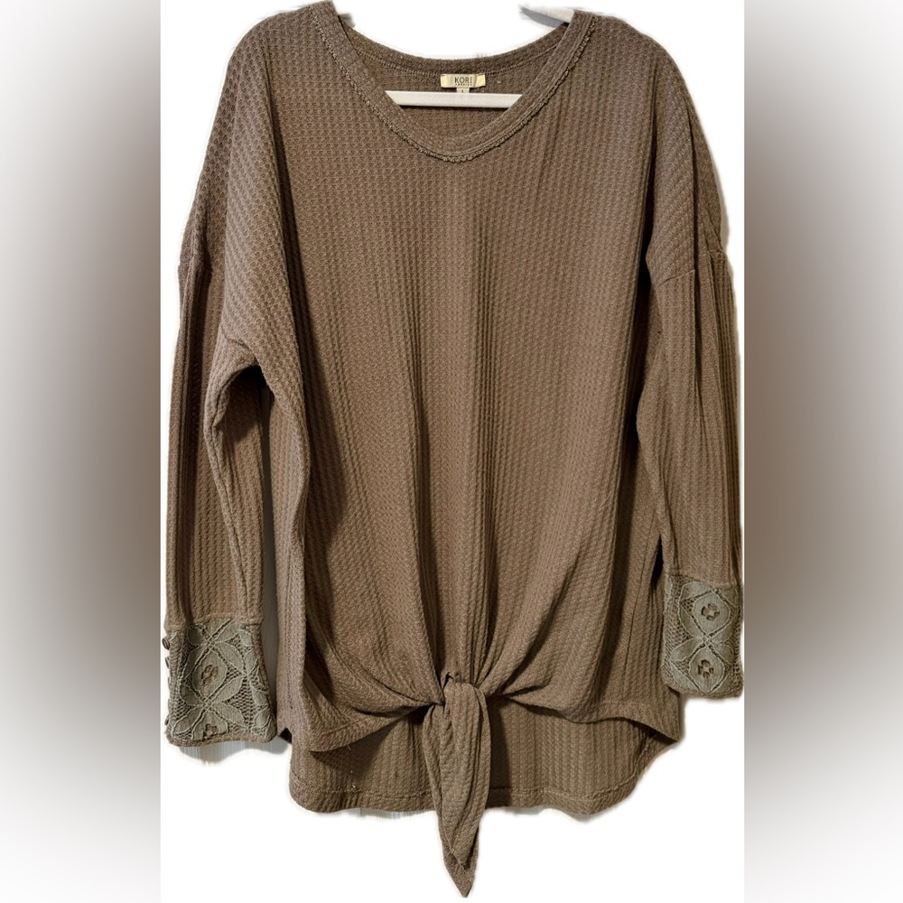 KORI Tie Front Waffle Knit Shirt
